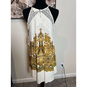 Indigo Rose Pretty Paisley Golden Cream Halter Crochet Lace Slip Dress S